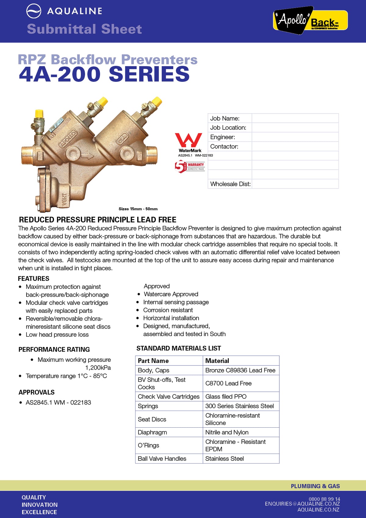 4A Reduced Pressure Backflow Preventer complete With Ball Valve & Strainer